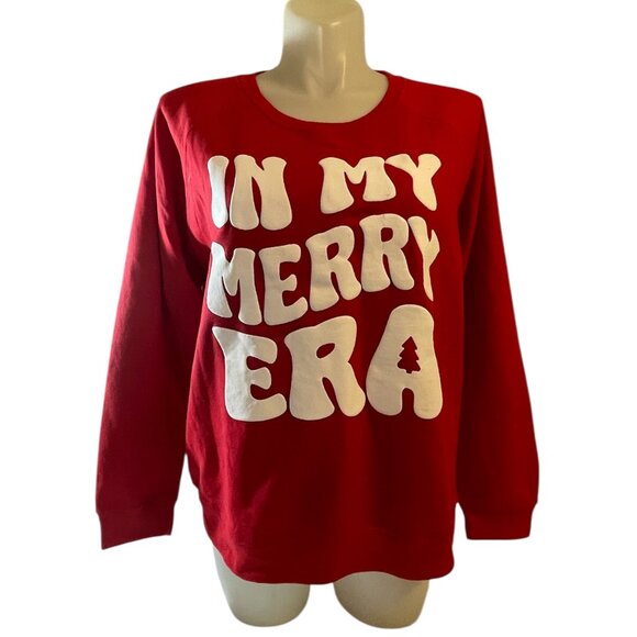Sweatshirt XL "In My Merry Era" Christmas Holiday Red Pullover Fleece Crew Top - Picture 1 of 5